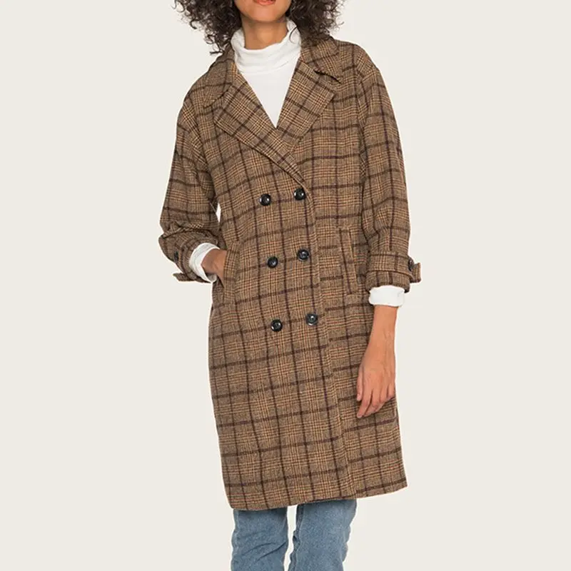 Женское Трендовое пальто винтажное длинное в клетку стиле ретро двубортное с