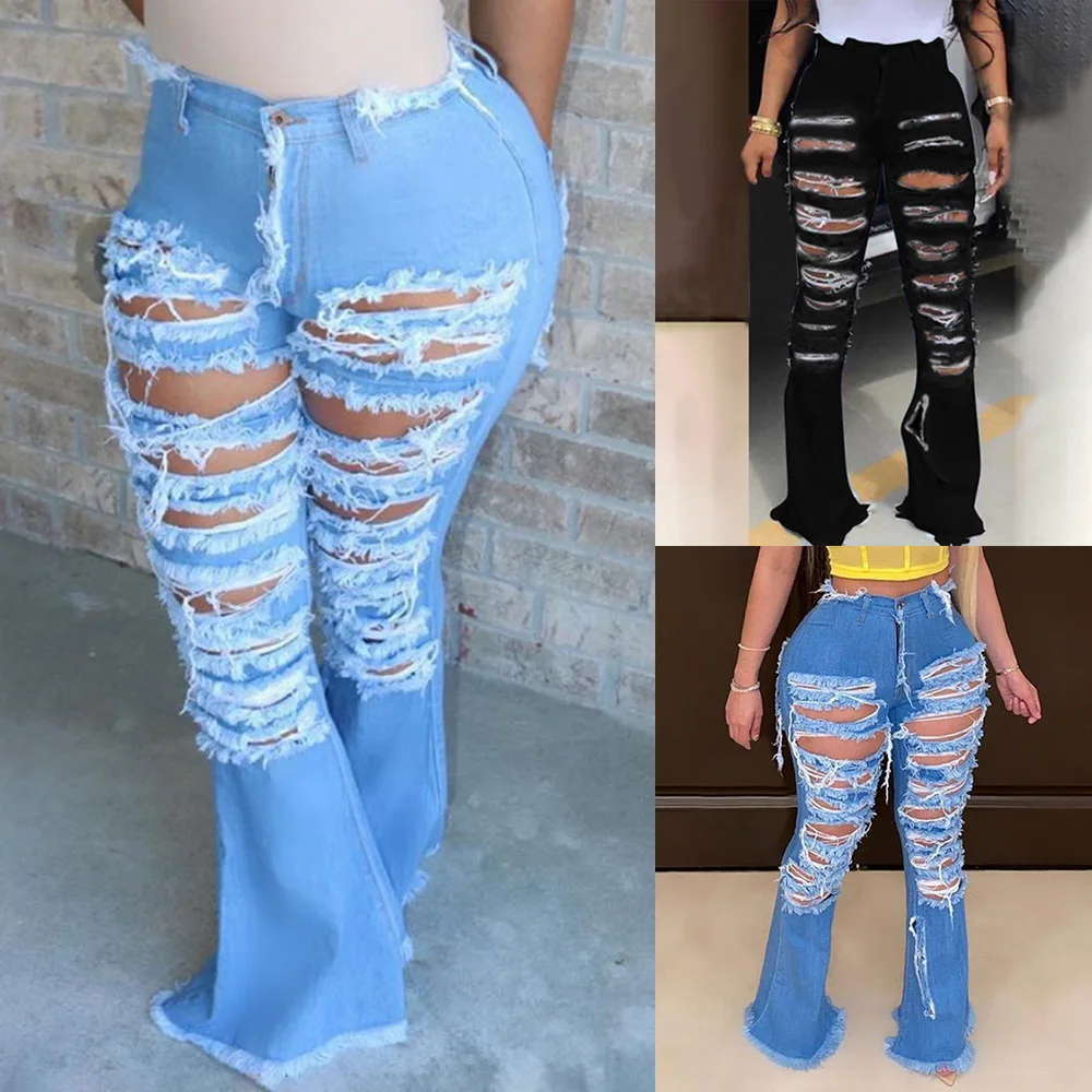 

Sexy Ripped jeans Fringe Hollow out Ruffle Flare denim Pants High Waist Bodycon Hole Women Trousers Club Outfits