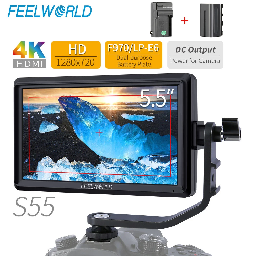 Bestellen FEELWORLD S55 5,5 Zoll IPS Auf Kamera Feld Monitor DSLR Focus Assist 1280x720 Unterstützung 4K HDMI Eingang DC Ausgang Umfassen Tilt Arm