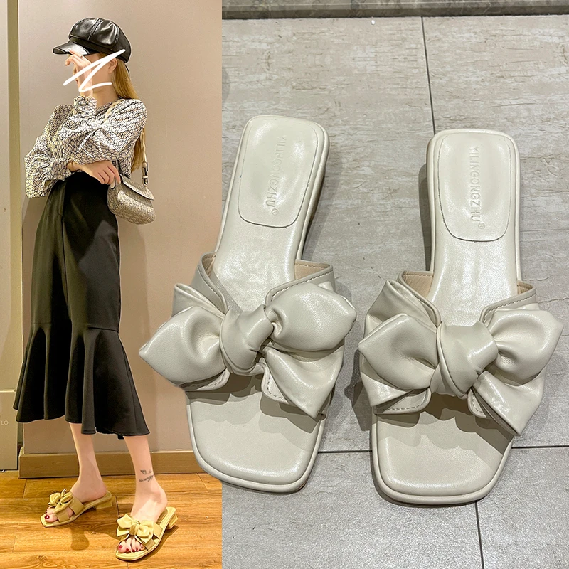 

Fairy Style Slippers Women New Summer 2021 Fashion Versatile Bowknot Thick Heel Beach Slippers Outdoor Flip Flops Lady Shoes