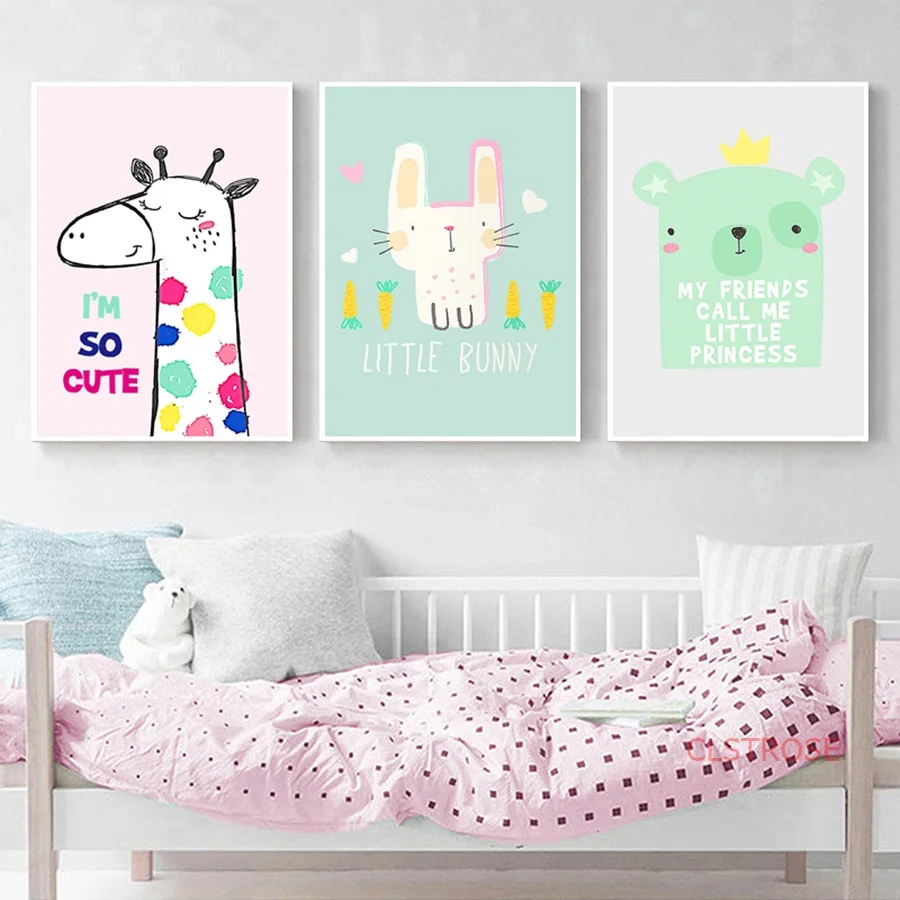 

Minimalist Cartoon Animal Poster Nordic Cute Rabbit Bear Canvas Paintings For Kid Room Nursery Decoration Art Wall Pictures