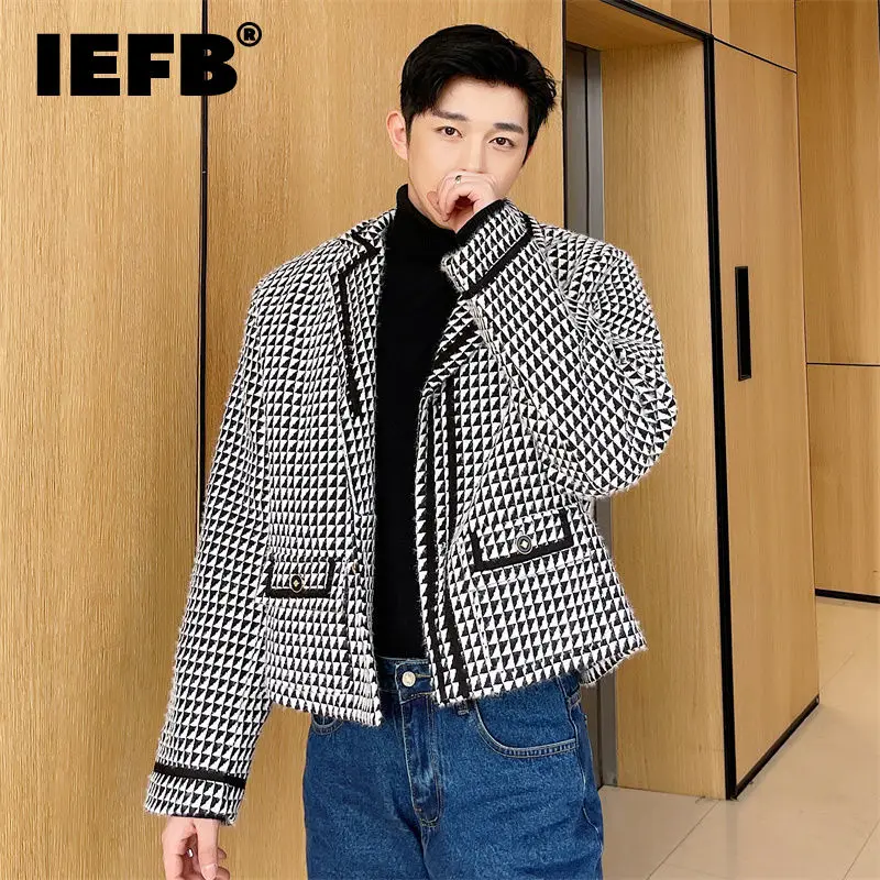 

IEFB Light Luxury Woolen Notched Collar Short Coat Men's Vintage Lattice Loose Jackets Long Sleeve Spring Autumn Coats 9Y9977