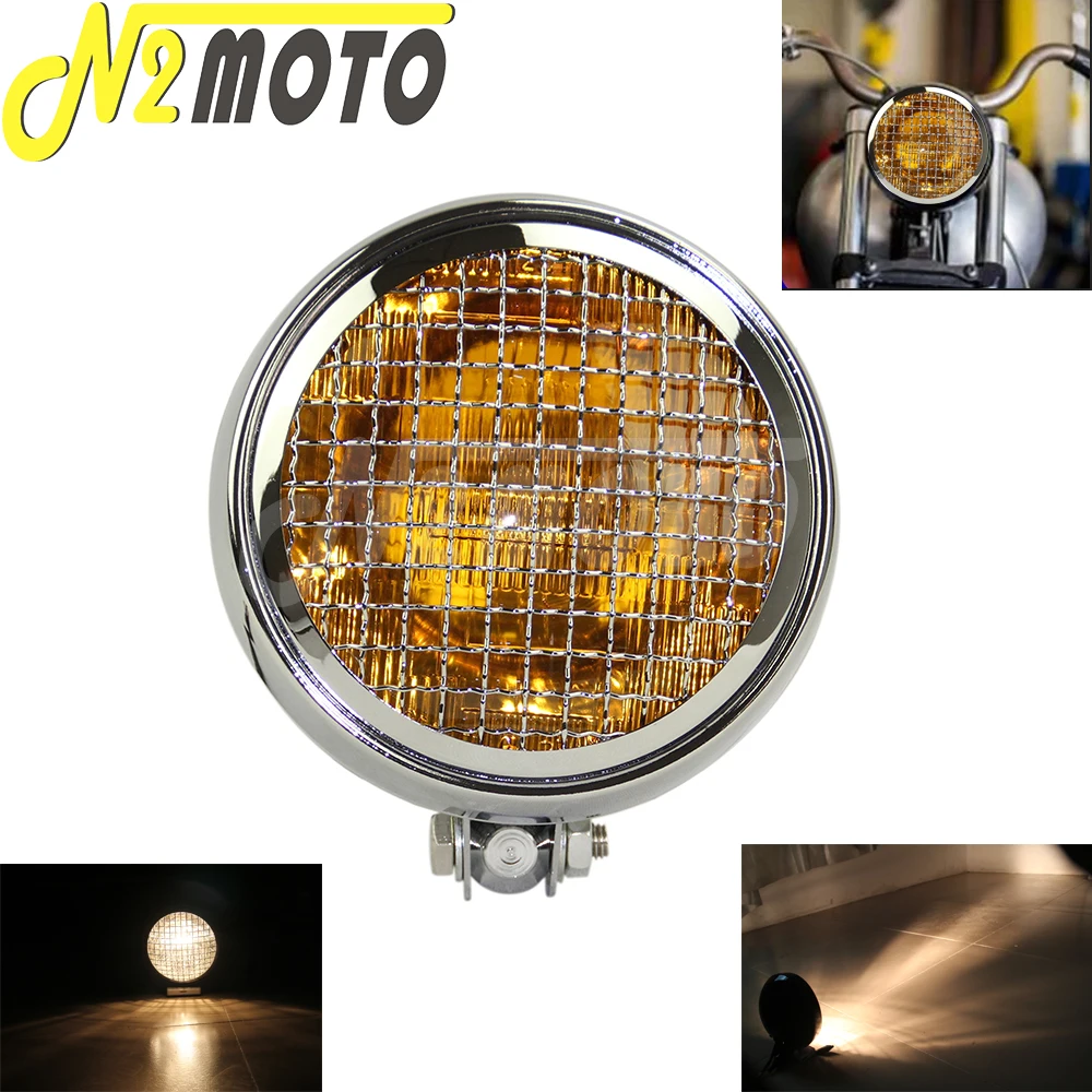 

Old School Bottom Mount Motorcycle Front Light Cafe Racer Headlight Housing Mesh Grill Headlamp w/ Net Guard Hi/Lo Beam Lighting