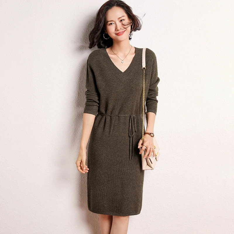 2019 Новое Осеннее женское платье с v образным вырезом длиной до колена 100% кашемир