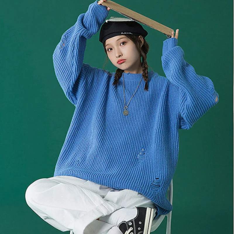 

Neploha Women Knit Sweater Pullovers Autumn Winter Solid Color Hole Woman Warm Sweaters Casual O-Neck Vintage Female Basic Tops