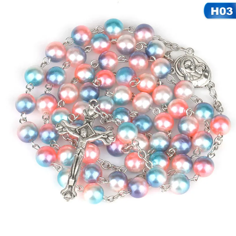 

Catholic Holy Land Crucifix Cross Beaded Necklace-Jewelry Women's Gifts 5 Colors-About 70cm+15cm, The Diameter About 8mm