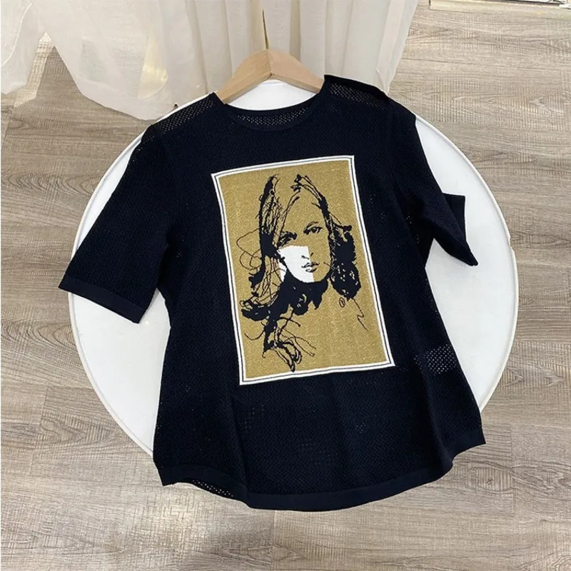 

Spring Summer Short Sleeve Knitting Tops Fashion O-Neck Print Thin T Shirt High Street Leisure Pullover T Shirt Breathable