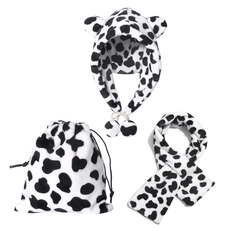 

Women Cow Print Winter Ear Warmer Outdoor Thicken Windproof Fluffy Warm Hoodie Earflap Cap Cross Collar Scarf Storage Bag