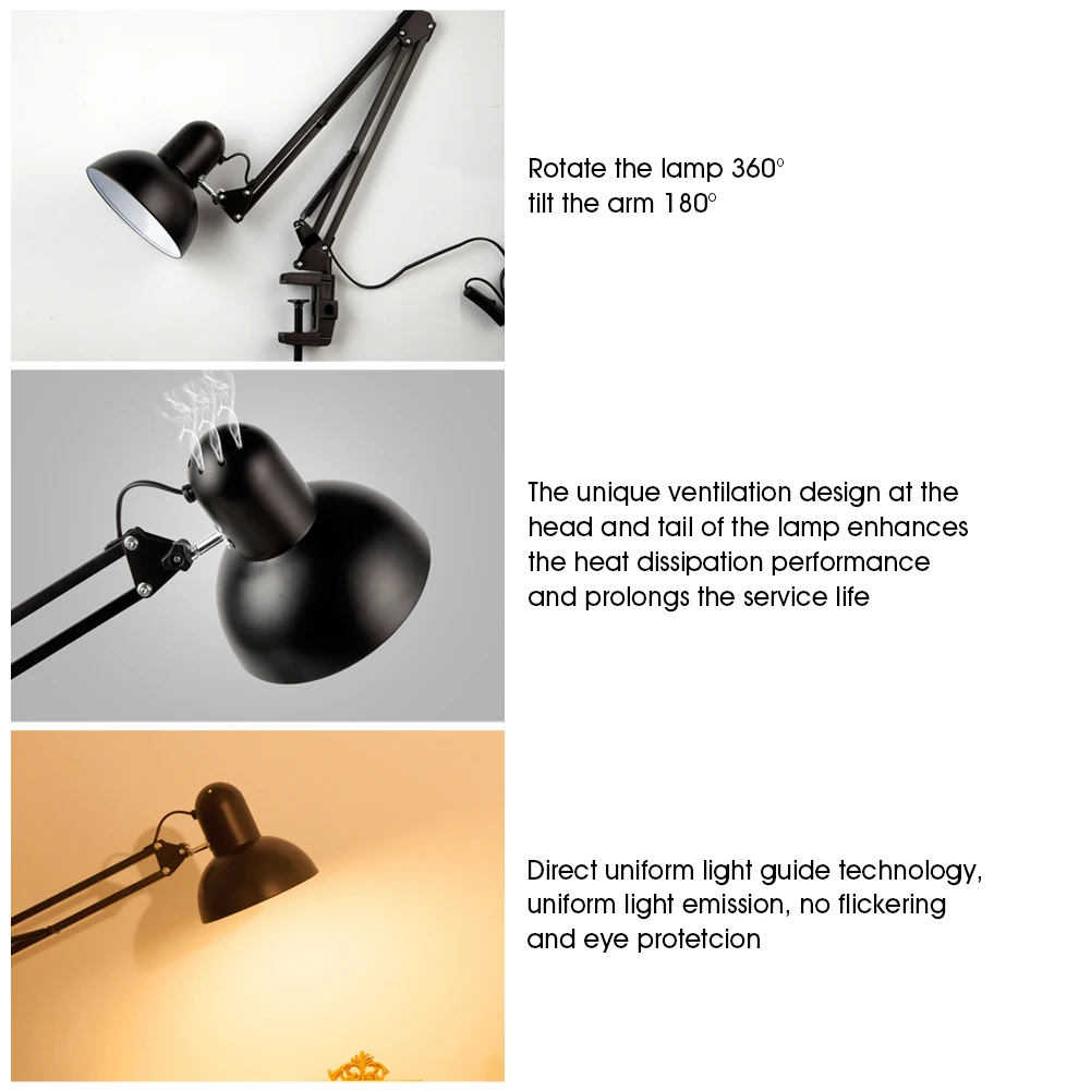LED Desk Lamp Metal Swing Arm Spring Loaded Adjustable Joints Architect Task with C-Clamp E27 Bulb(Not Included) | Освещение
