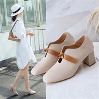 springautumn fashion high heels casual womens shoes round toe slip on square heel shallow breathable solid v port high quality