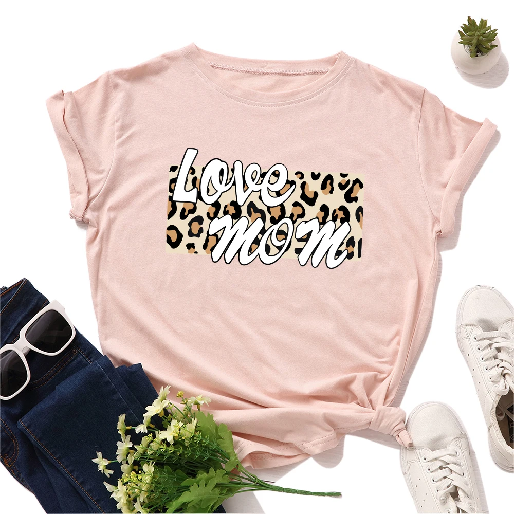 

Love Mom Women Short Sleeve Cotton T-Shirts Graphic Tees Summer Tee Tops for Female Loose Casual Oversized Leopard Tee Clothes