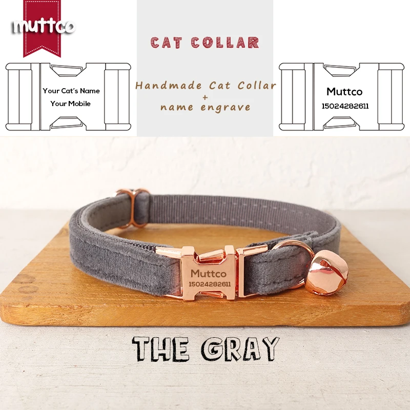 

MUTTCO engraved retail with platinum high quality metal buckle collar for cat THE GRAY design cat collar 2 sizes UCC108M