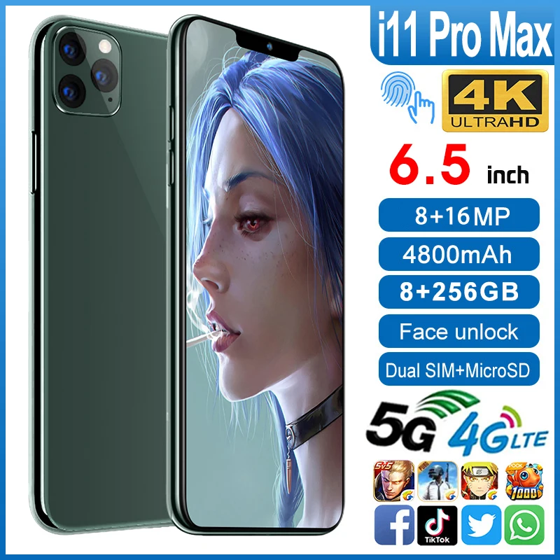 

GlobaI 6.5" I11 Pro Mobile Phone Android9.1 Octa Core 16MP 8GB RAM 128GB ROM 6.5Inch 4800mAh 3 Camera Dual SIM 4G LTE Smartphone