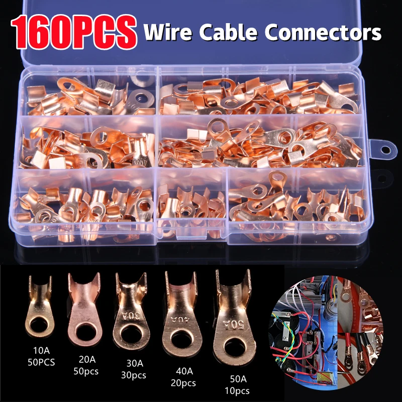 160PCS Copper Battery Cable Connector Terminal Open Lugs Wire Terminals OT 10A 20A 30A 40A 50A Electrical Connector Kit