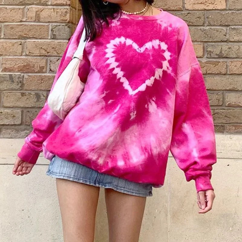 

Women Tie Dye Pullover Tops Ladies Long Sleeve Crew Neck Heart Print Loose Fit Sweatshirts