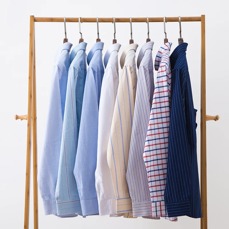 New100% Cotton Blue Men's Shirts striped Oxford Casual Long Sleeve Shirt For Male Standard-fit Comfortable Thick Gingham Shirts
