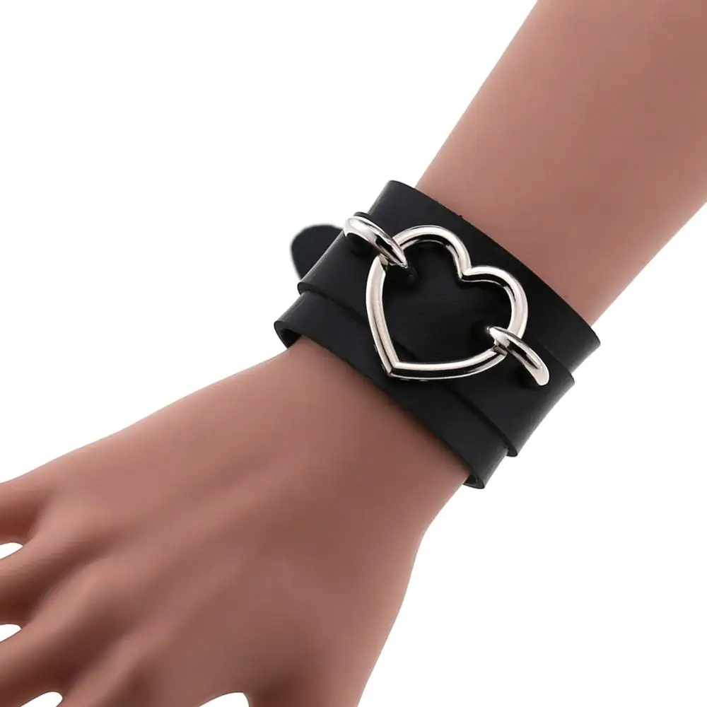 

Heart Bracelet Black Leather Wristband Cuff goth gothic punk armbands Fashion bracelets women men emo metal cosplay jewelry