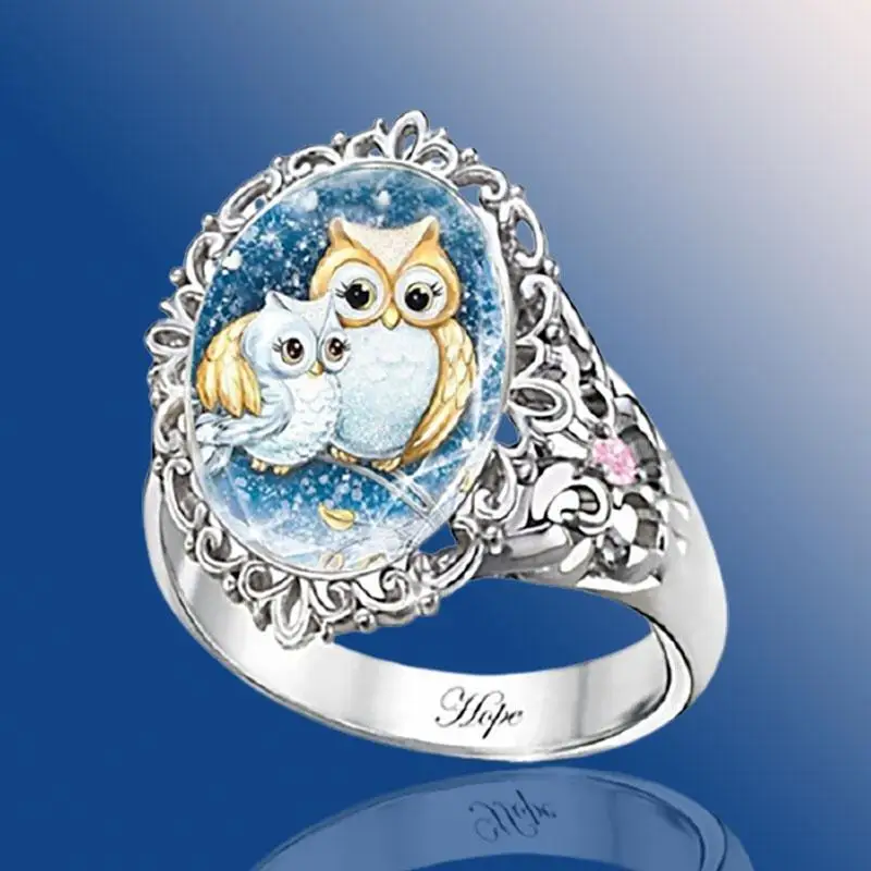 

New Cute Fashion Hollow Owl Ring Inlaid Oval Crystal Jewelry for Women Girl Party Jewelry Gift