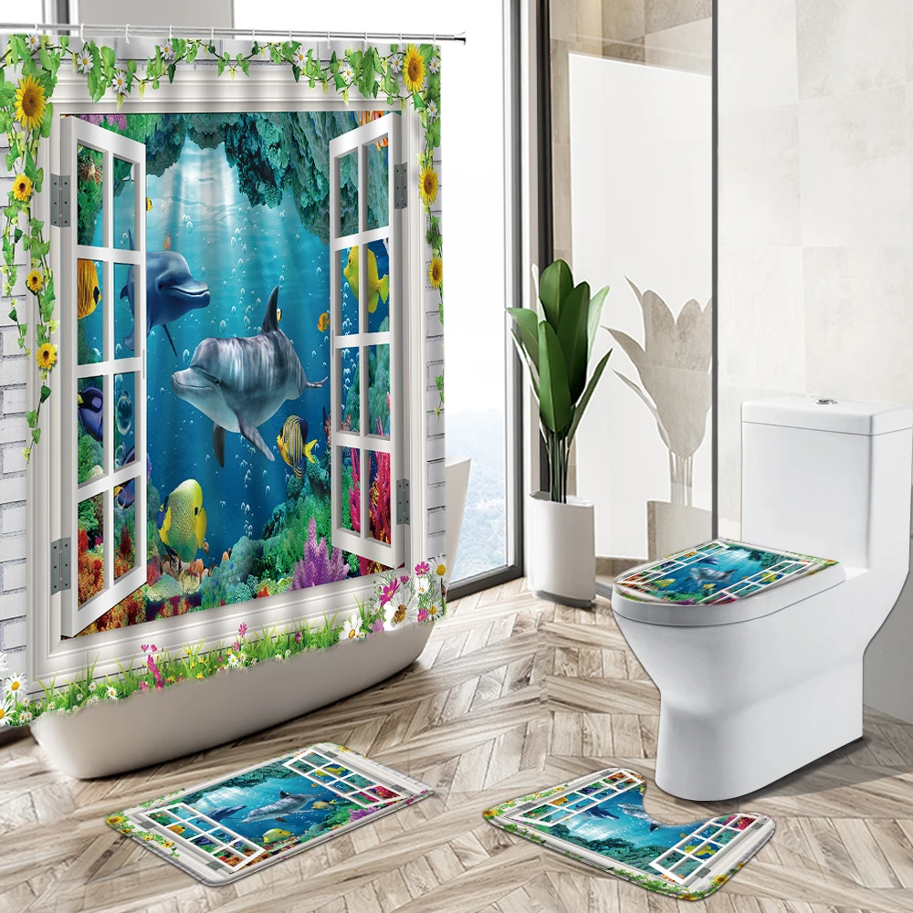Offerte 3D Ocean Design Dolphin Tessuto Impermeabile Bagno Tenda Da Doccia Set Animale Balena Antiscivolo Piedistallo Tappeto Copriwater Home Deco