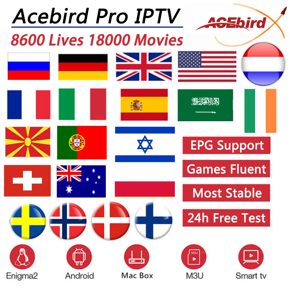 Acebird IP tv подписка Нидерланды Великобритания Испания французский Pland Израиль США Канада Африка для Smart tv Box PC телефон Enigma2 M3U Mag