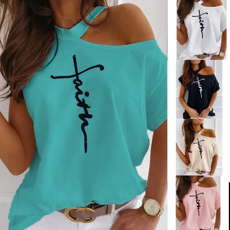 Large size Top Sexy Off Shoulder summer Tshirt Women Print Casual Summer Short Sleeve O-neck Pullovers Tops Fashion Street Tee
