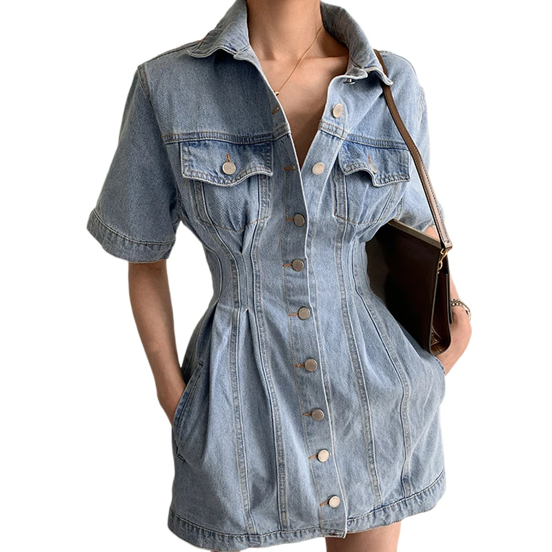

2021 New Summer Short Sleeve Women Denim Dress Retro College Style Jeans Dress Street Casual Clothes Pleated Mini Vestidos XC800