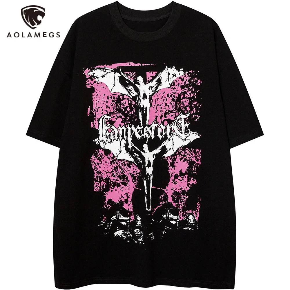 Aolamegs Hip Hop Tree Angel Graphic Print T-shirt Men Casual Loose Tops Couple Cozy High Street Fashion Short Sleeve Tees Summer