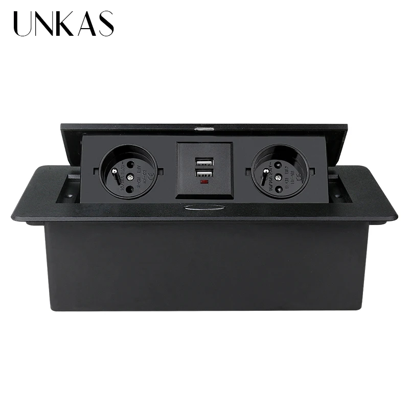 

UNKAS Zinc Alloy Plate 16A Slow POP UP 2 Power French Socket Dual USB Charge Port 2.1A Office Table Outlet Matte Black Cover