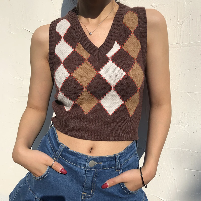 

JMPRS Brown Argyle Vintage Cropped Sweater Vest Autumn Sleeveless Knit Pullover Preppy Style Jumper Casual Plaid Knitwear 90s