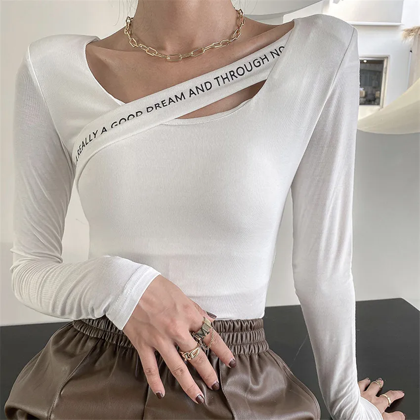 

Spring Autumn Full Sleeve Cotton T Shirt Korean Fashion Designer Tops Pullover Women Slim Black White Undershirt Tee Shirt Femme
