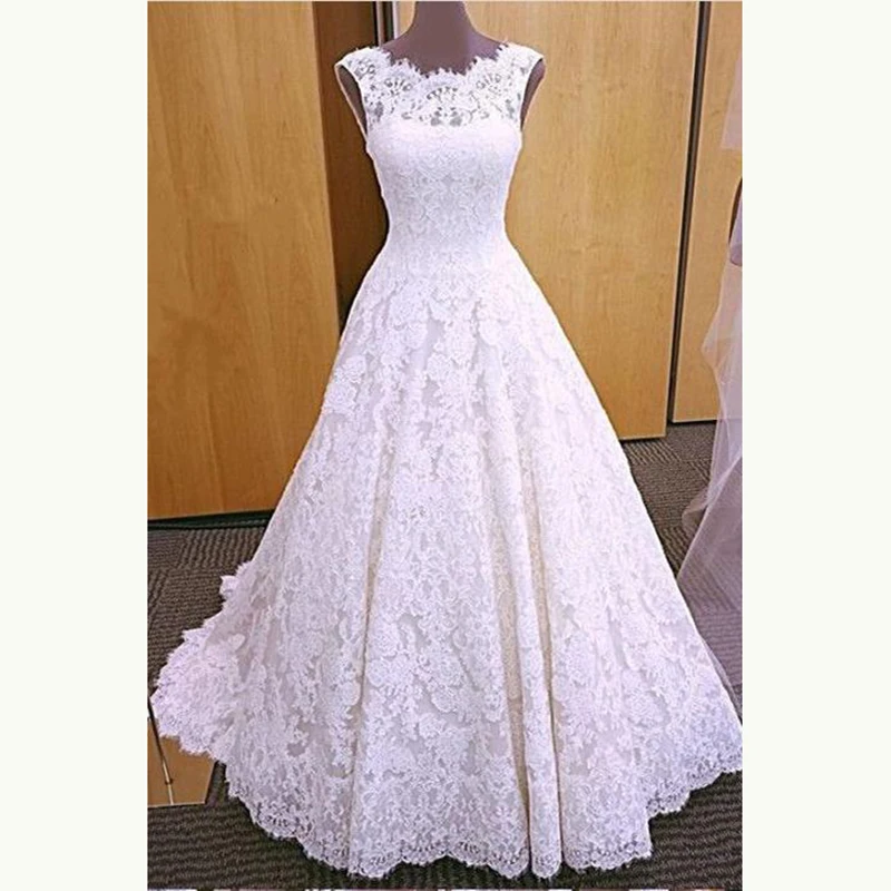 

High Quality A Line White Lace Bridal Wedding Dresses O Neck Cap Sleeves Wedding Gowns for Bride Open Back Appliqued Sweep Train