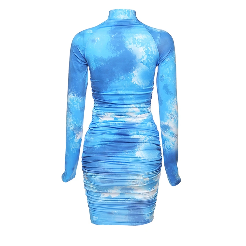 

Womens Summer Dress Floral Printed Half-High Collar Long Sleeve Slim Dresses with Zipper Closure for Ladies