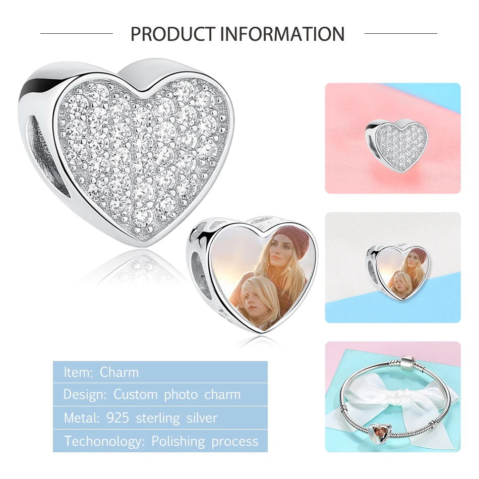 ELESHE Authentic 925 Sterling Silver Heart Charms Beads Fit Original Bracelet Custom Photo Name Crystal CZ Charm DIY Jewelry | Украшения и