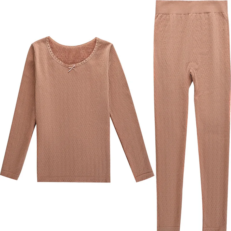 

New Autumn and Winter Round Neck Thermal Underwear Women's Suit Heating Cotton Terry Printing Bow Pyjama Femme Hiver Chaud 2020
