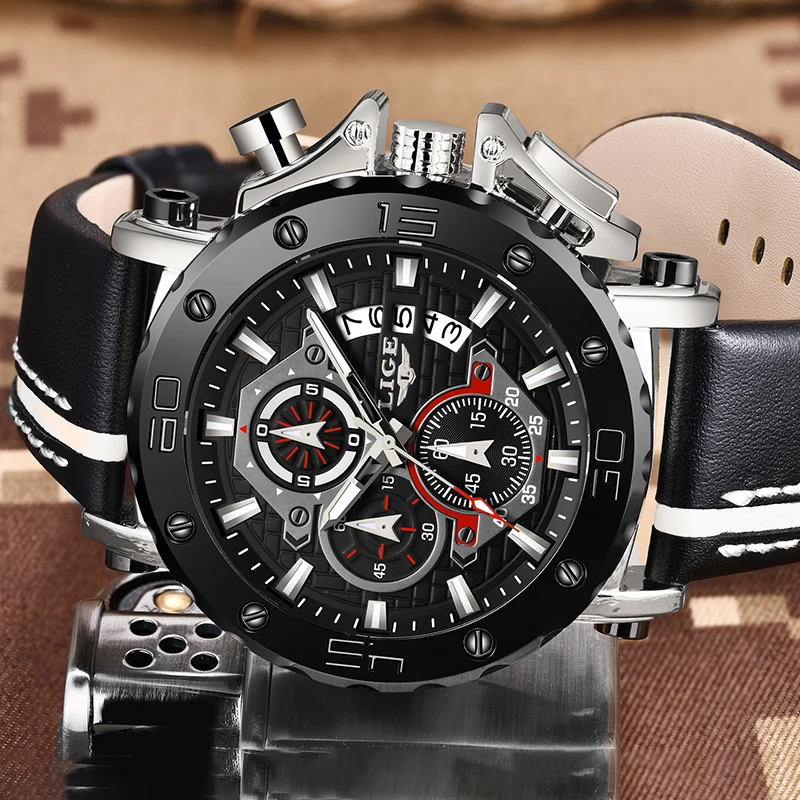 LIGE Роскошные мужские часы с большим циферблатом военные кварцевые кожаные