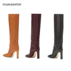 Новинка 2020, стильные рыцарские сапоги из натуральной кожи на высоком каблуке, с квадратным носком, модные женские узкие прямые сапоги в западном стиле для подиума