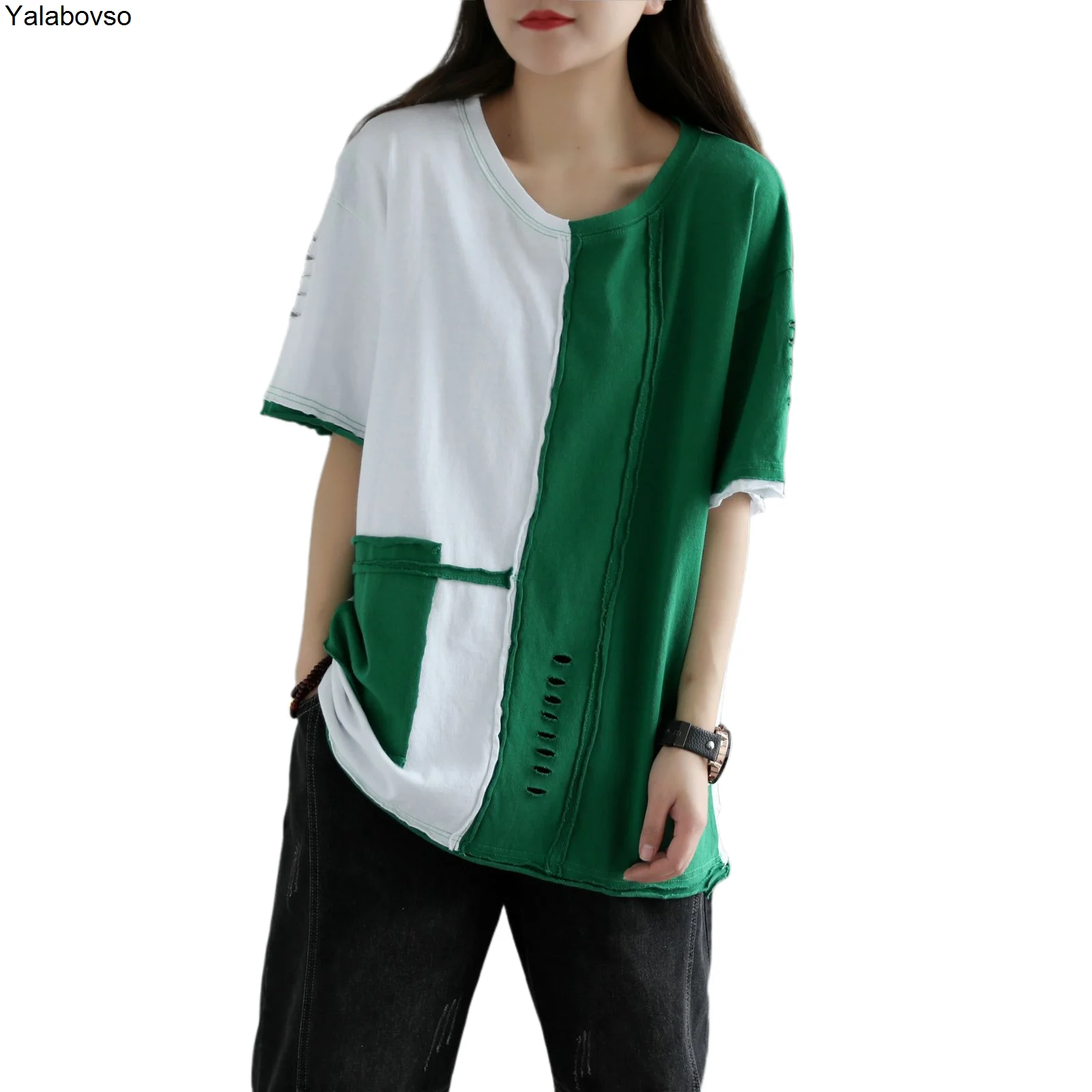 

Женская хлопковая футболка с коротким рукавом, свободная повседневная футболка контрастных цветов с вышивкой и круглым вырезом, в стиле ре...