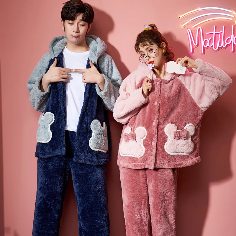Lovers Pajamas Loose Version Lady Sleepwear Winter Pyjamas Flanner Pajama set Contrast Color Woman женский Nightdress Hooded