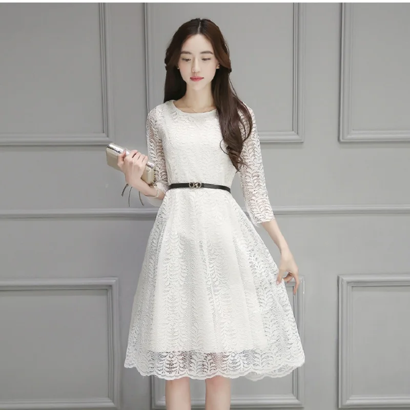 

Spring Autumn Women Elegant Lace Dress Round Neck Hollow Out Female Vestidos Crochet Three Quarter Sleeve Slim Party Dress S-3XL