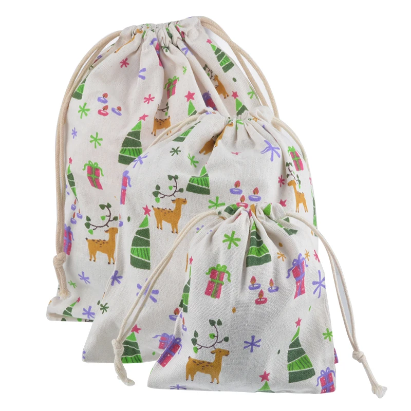 New1PC тканевые сумки для хранения со снежинками и оленями льняные на шнурке