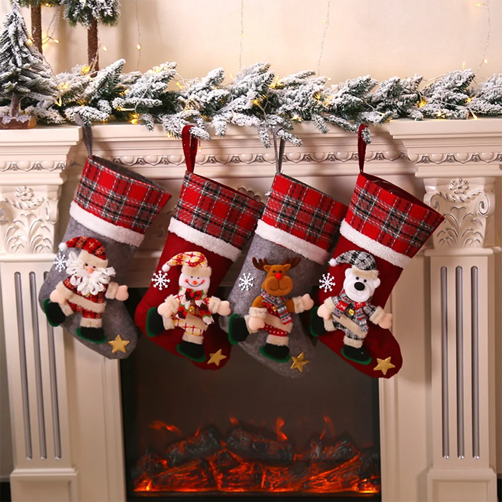 

1pc 40*24cm Christmas Socks with Snowman Santa Elk Bear Printing Xmas Candy Gift Bag Fireplace Xmas Tree Decoration Stockings