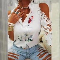 femme casual loose 5xl shirts off shouder hollow out women lace pactchwork tops summer sexy ruffled neck slim fit print blouse