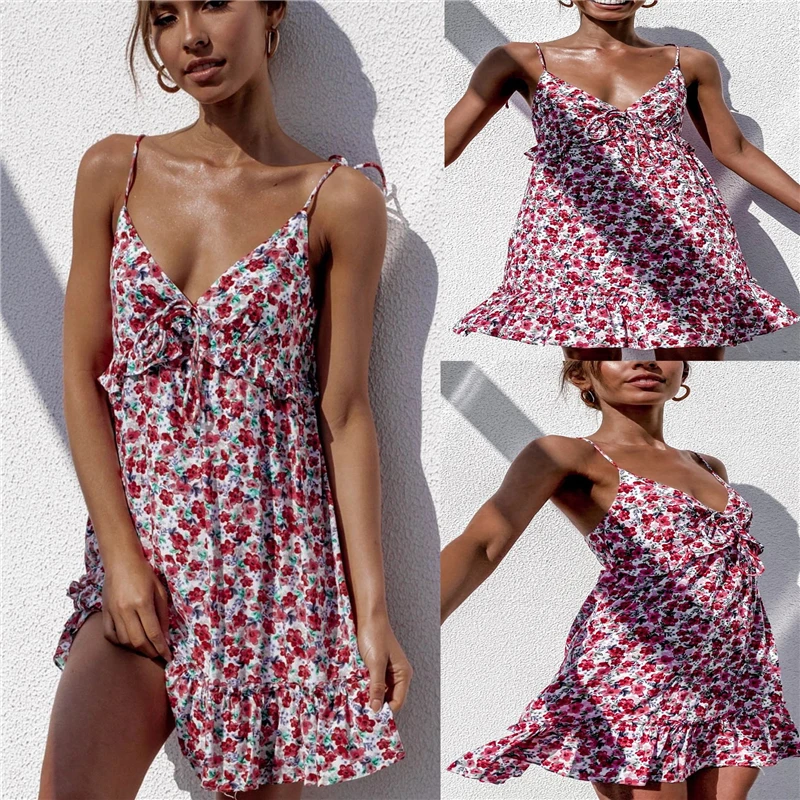 

Casual Print 2021 Women Dress Summer Elegant Sexy Deep V-neck Spaghetti Straps Loose Dress