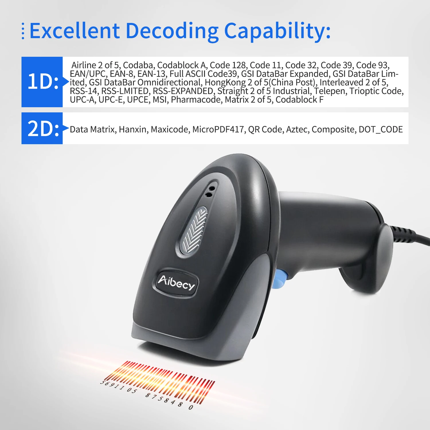 Aibecy ручной сканер штрих кода 1D/2D/QR Сканер 2 4G беспроводной и USB проводной