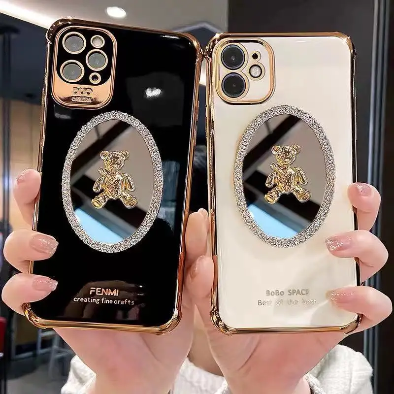 

Luxury brand Plating glitter Metal bear Makeup mirror Phone Case For iPhone 11 12 Mini 13 Pro Max XR XS X 7 8 Plus Fashion Cover