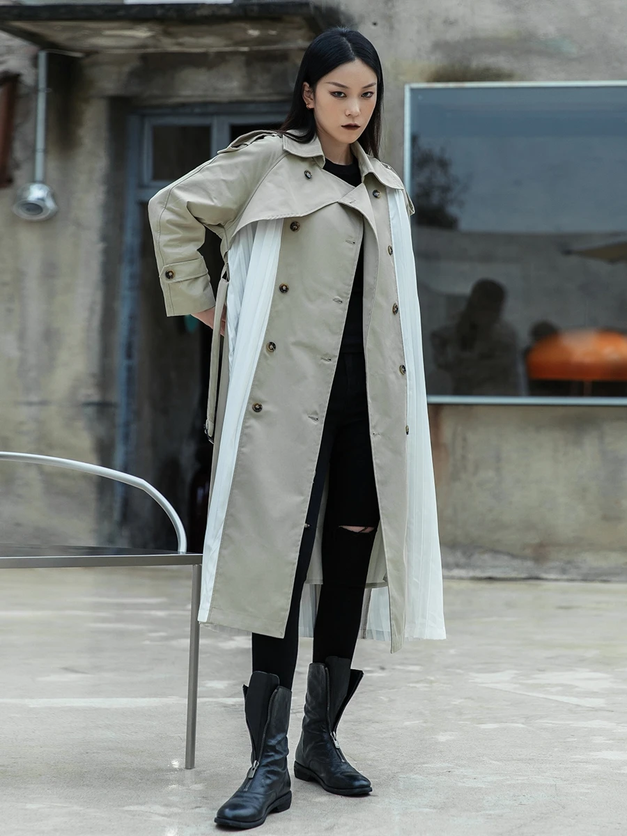 

SuperAen плиссированная мозаика хаки отложной воротник Офисная Леди Повседневная средняя и Длинная женская ветровка пальто