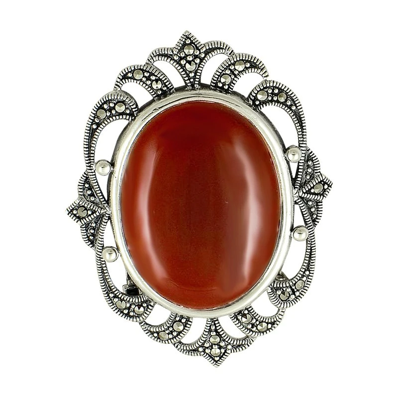 

Silverlina Silver Marcasite & Agate Stone Brooch