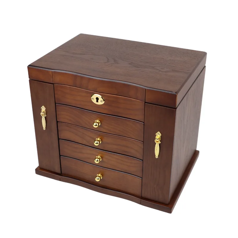 New 5-Layer Wooden Jewelry Box Antique Multi-Function Large Capacity Lock Chinese Style Necklace Earrings Bracelet Storage