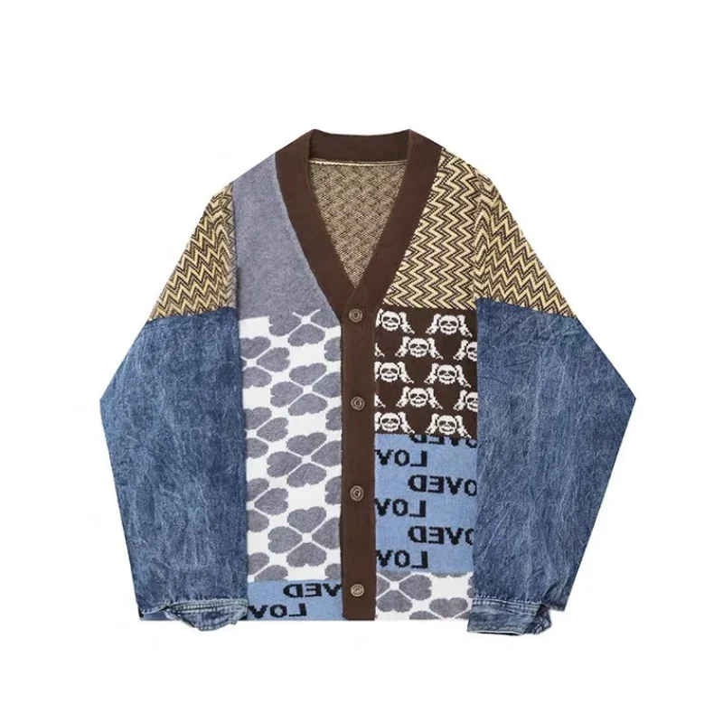 

Vintage Knitted Cardigan Sweater Women Patchwork Denim Coat V Neck Long Sleeve Knitwear Casual Loose Outwear Female Tops