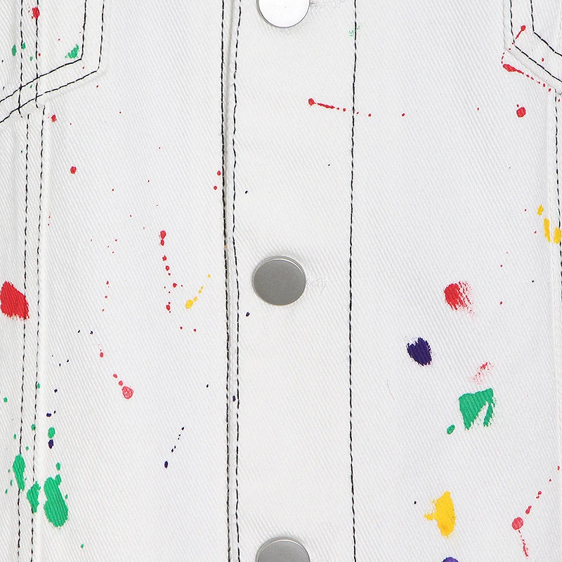 

CHICEVER Irregular Print White Denim Jacket For Women Lapel Long Sleeve Casual Loose Jackets Female 2021 Spring Fashion Clothes